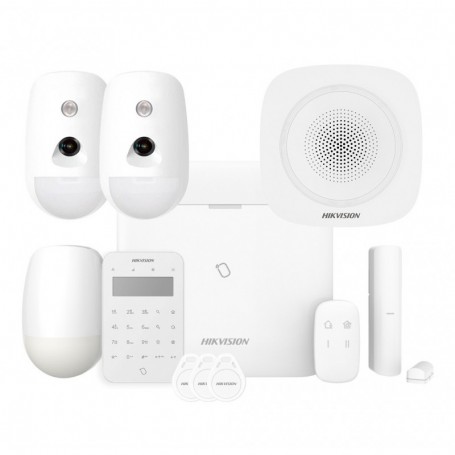 Kit AXPRO 868MHz 96 zonas Hikvision Panel + 2 PIRCAM + PIR + Mando + Teclado Lector de Tags + Contacto + Sirena