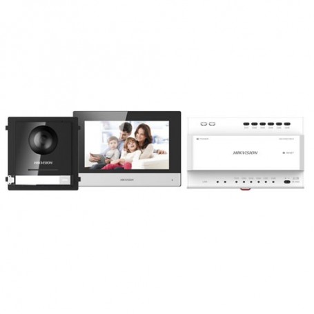 Kit videoportero 2 hilos Placa exterior + Monitor interior + alimentador + distribuidor/convertidor + SD 16GB Hikvision